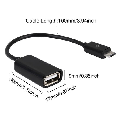 Black USB-C to USB-A adapter cable with dimension labels showing cable length, connector sizes, and measurements on a white background.