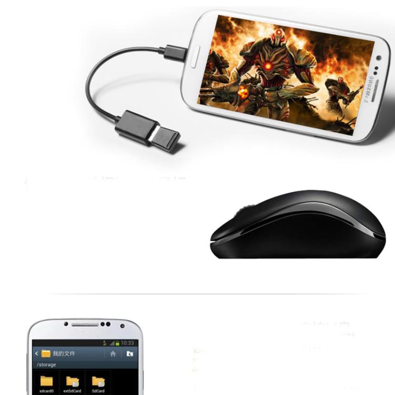 A black USB flash drive adapter cable shown plugged into a smartphone, with a separate black computer mouse below and a phone screen shown at the bottom left on a white background.