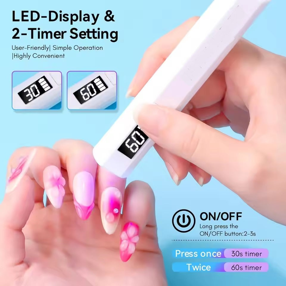 Portable USB Rechargeable UV/LED Nail Lamp – Mini Handheld Flash-Cure Light with LCD Timer (30s / 60s) – Ideal for Gel Polish, Nail Glue & Press-On Nails – Home & Travel Manicure