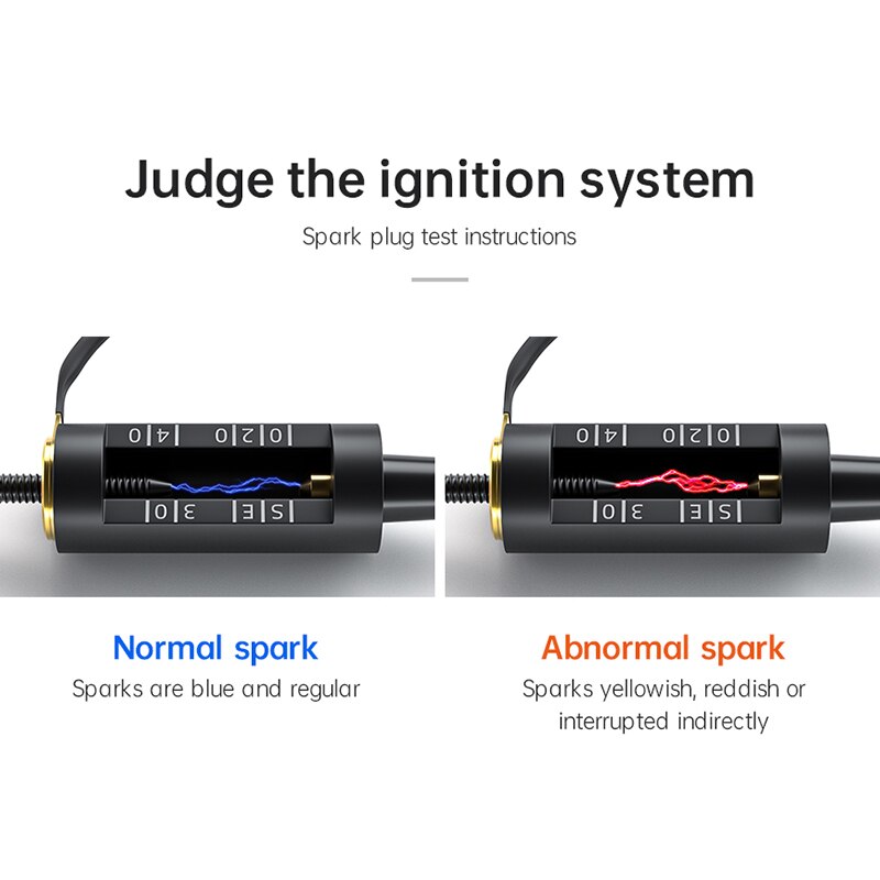 Instruction graphic for judging the ignition system, showing two spark plug test views labeled 'Normal spark' and 'Abnormal spark' with explanatory text on a white background.