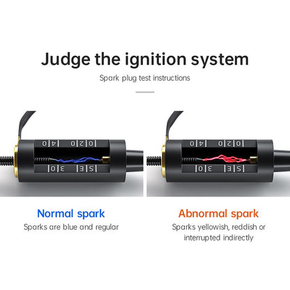 Instruction graphic for judging the ignition system, showing two spark plug test views labeled 'Normal spark' and 'Abnormal spark' with explanatory text on a white background.