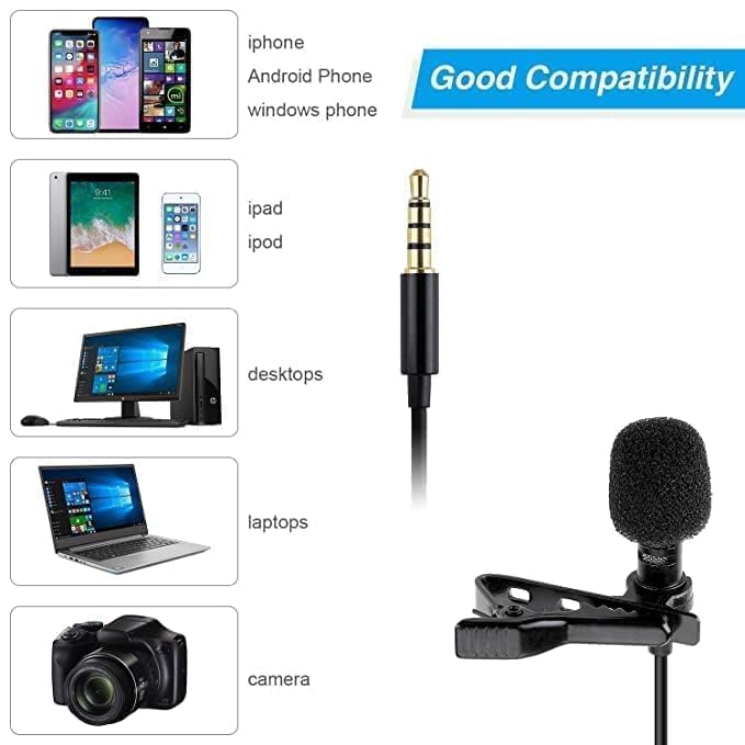 Professional Full Metal Collar Lavalier Microphone 1.5M Cable 3.5mm Gold-Plated - YouTube, Interviews, Teaching