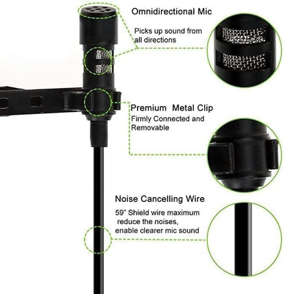 Professional Full Metal Collar Lavalier Microphone 1.5M Cable 3.5mm Gold-Plated - YouTube, Interviews, Teaching