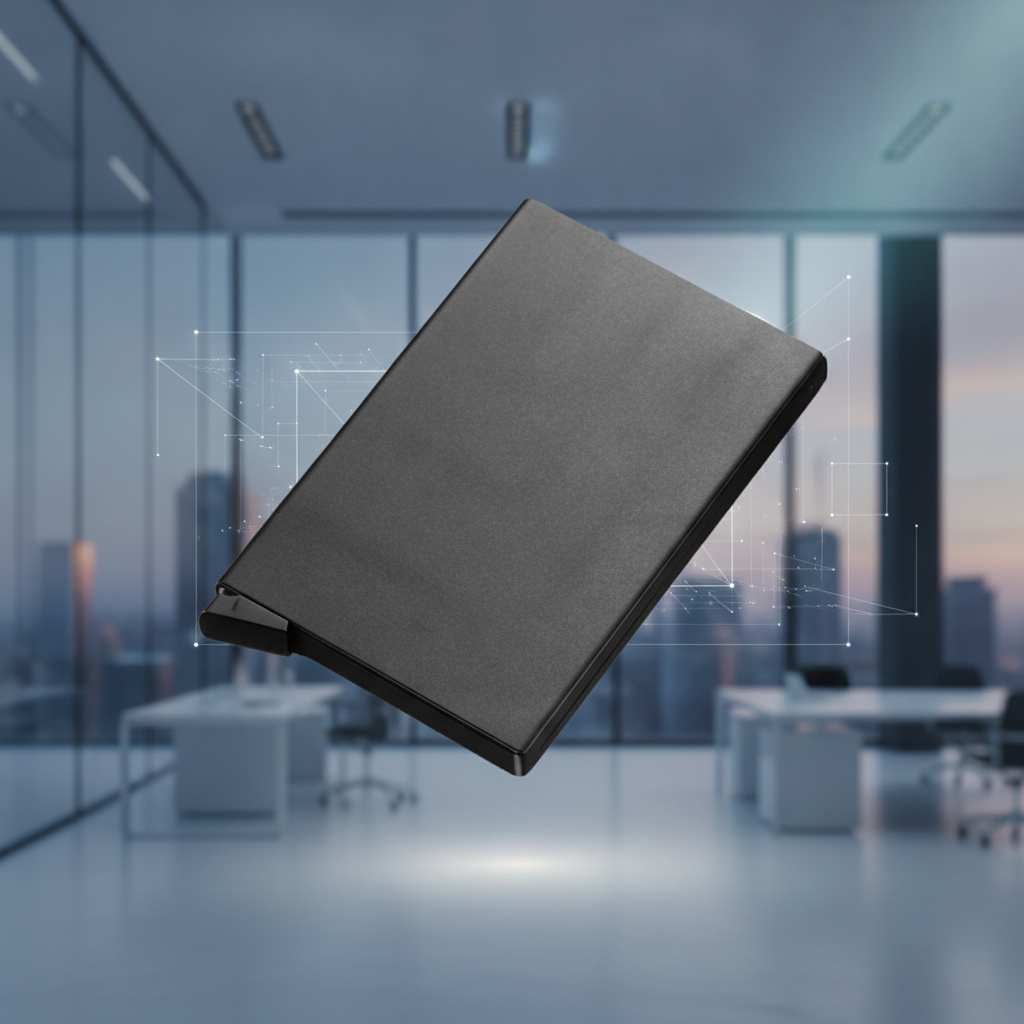 RFID Protected Aluminum Card Holder floating in an office setting with cityscape view