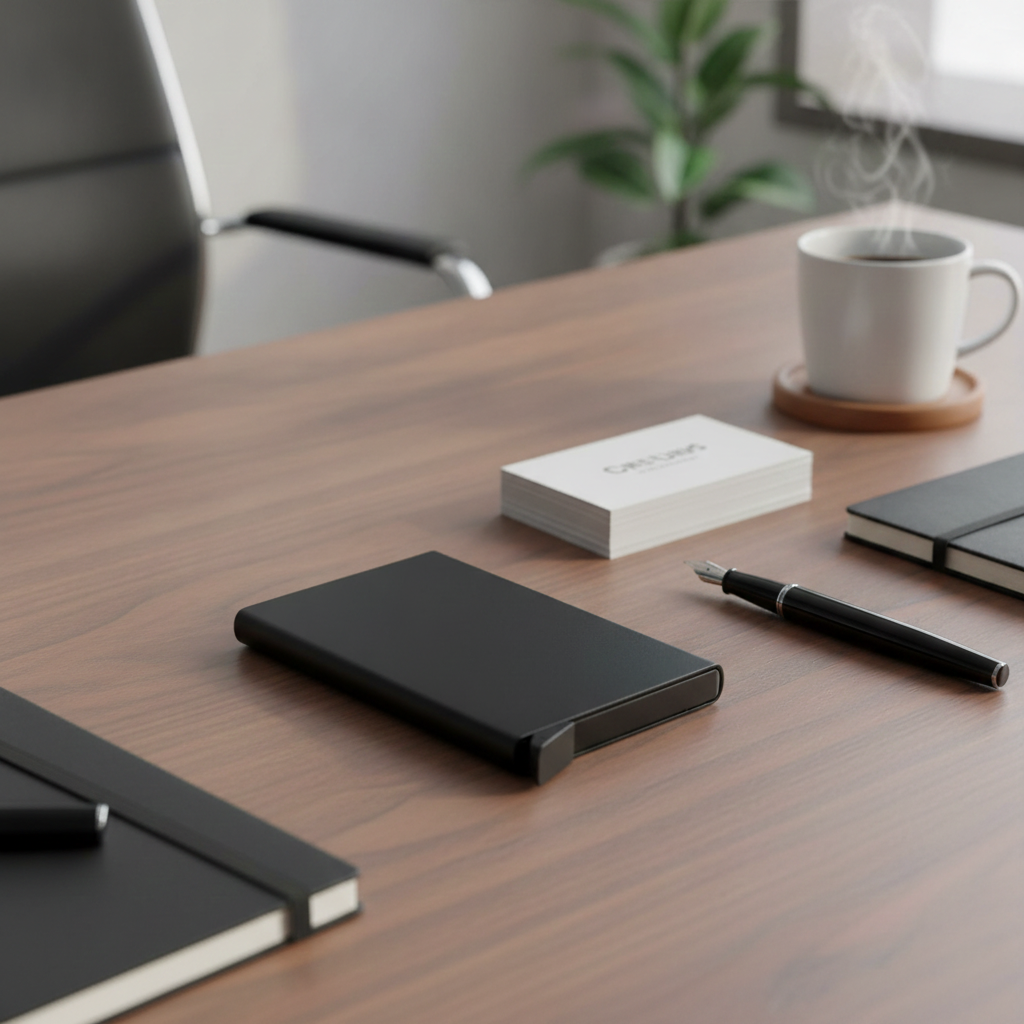 RFID Protected Aluminum Card Holder, pen, and notebook on a wooden desk with a coffee cup in the background