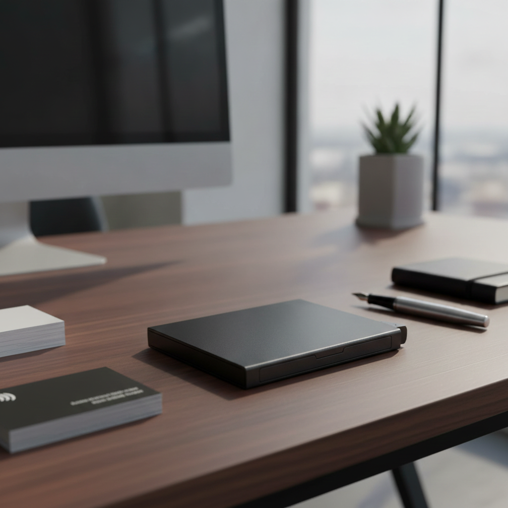 RFID Protected Aluminum Card Holder, pen, and business cards on a wooden desk with a blurred office background