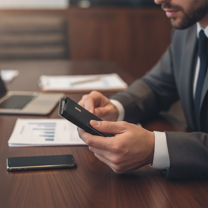 Man in a suit using a smartphone at a desk with papers and a laptop.