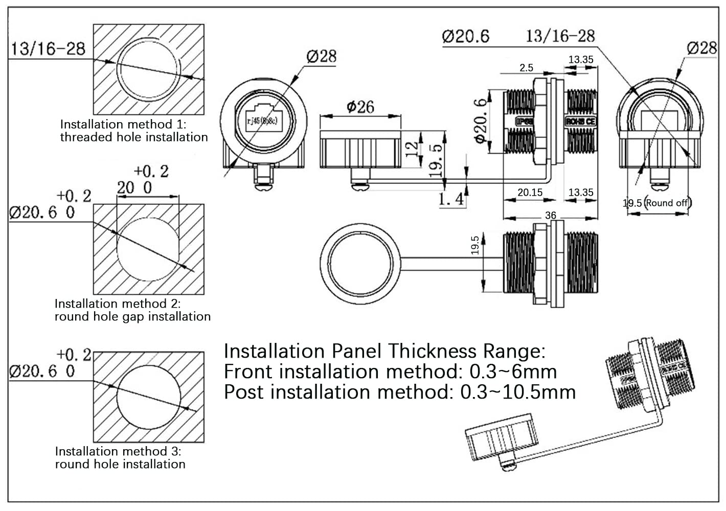 Panel Mount Shielded RJ45 Waterproof Connector Cat5/5e/6 8P8C Ethernet LAN Double Head Adapter with Dust Cap – High Quality Network Cable Joiner for Projects, DIY, PoE, NVR, CCTV