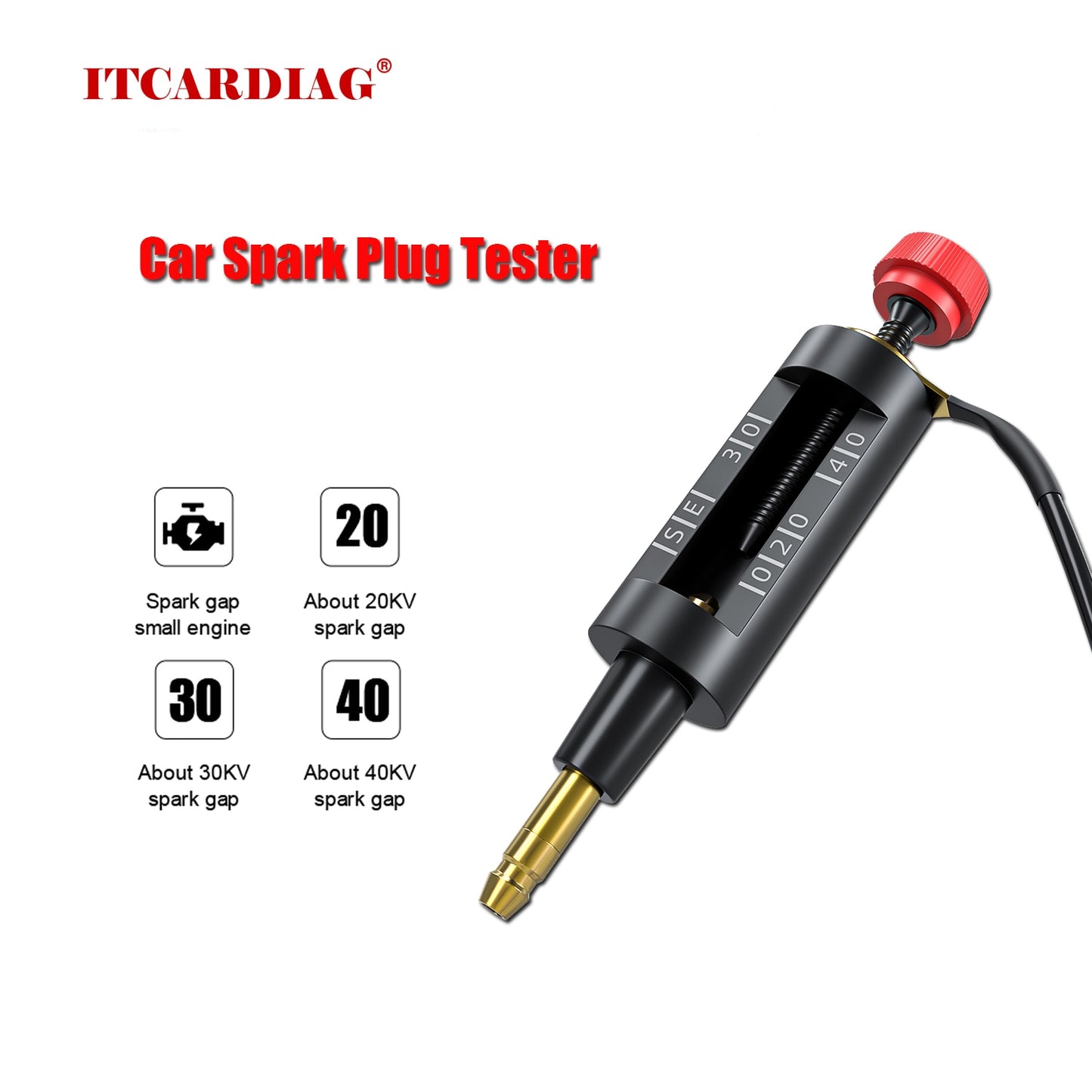 ITC CARDIAG Car Spark Plug Tester tool with a black body, red adjustment knob, and gold metal tip, shown on a white background with product text and spark gap information icons.