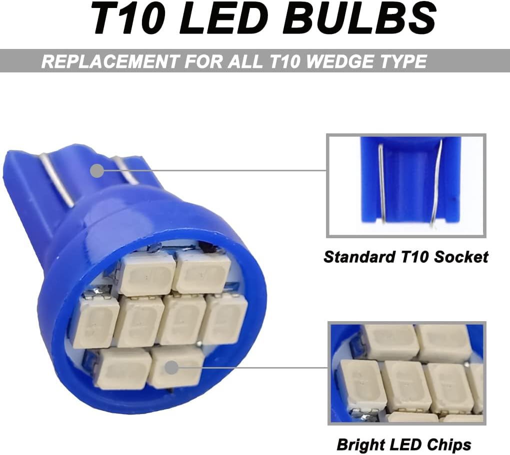 2 pcs T10 194 168 Blue LED Dashboard Instrument Light Bulbs – Super Bright 12V 8-SMD LED Gauge Cluster & Instrument Panel Lights for Car Interior