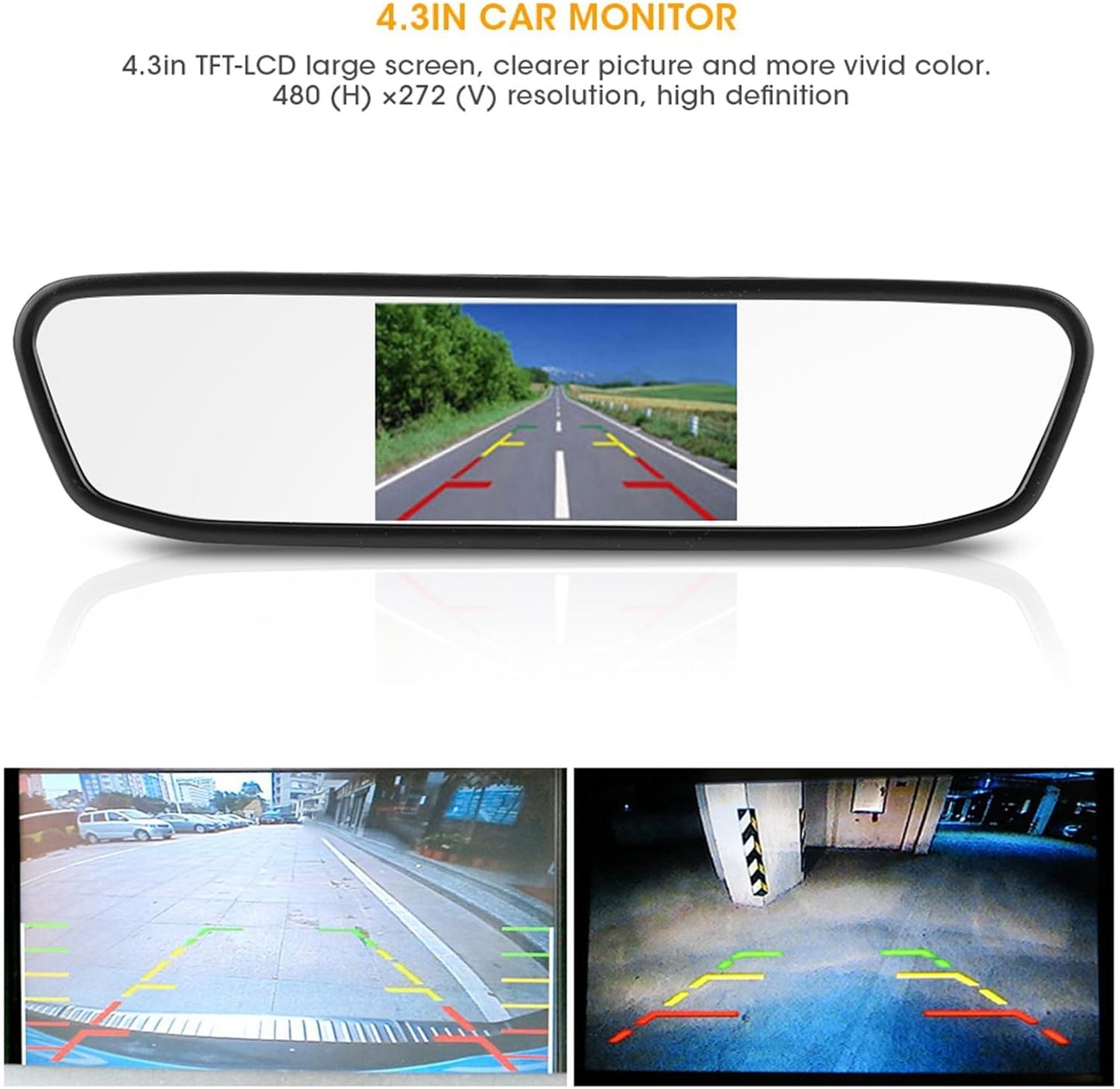 4.3″ TFT LCD Car Rear View Mirror Monitor Kit + Waterproof 170° Mini Backup Reverse Camera | High Definition 480×272 | Dual AV Inputs | PAL/NTSC Compatible | Parking Assist for Cars & Vehicles