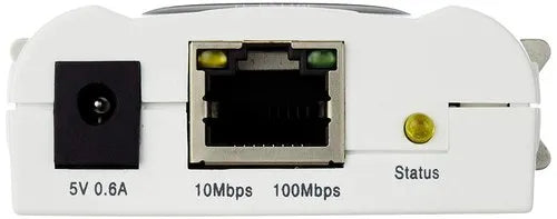 White Ethernet switch rear panel showing a 5V 0.6A power input, a 10/100 Mbps RJ45 port, and a status LED indicator.