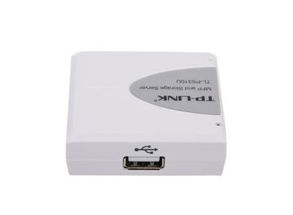 TP-Link TP-P310U USB and Storage Server adapter in white plastic with a gray label, featuring a USB port on the front, set against a plain white background.