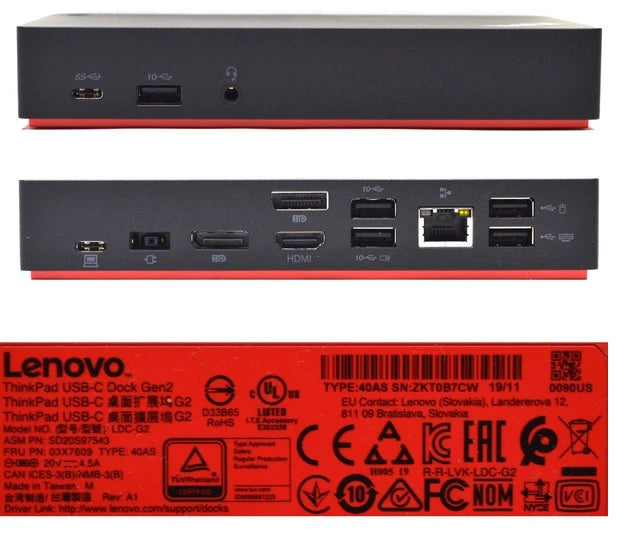 Lenovo ThinkPad USB-C Dock Gen2 shown from the front, rear, and back, displaying its black and red color scheme and various ports including USB-A, USB-C, HDMI, and RJ45.