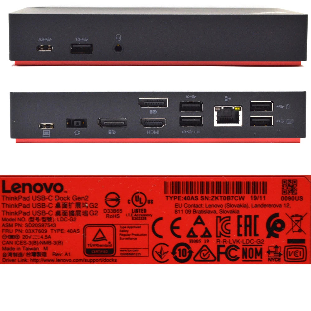 Lenovo ThinkPad USB-C Dock Gen2 shown from the front and back. The top view shows a black chassis with a red accent strip and ports for USB-A, USB-C, HDMI, and RJ45.