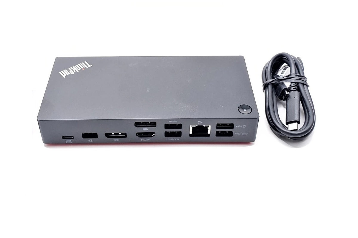 A black Lenovo ThinkPad laptop adapter hub with multiple ports, shown next to a coiled black power cable on a white background.