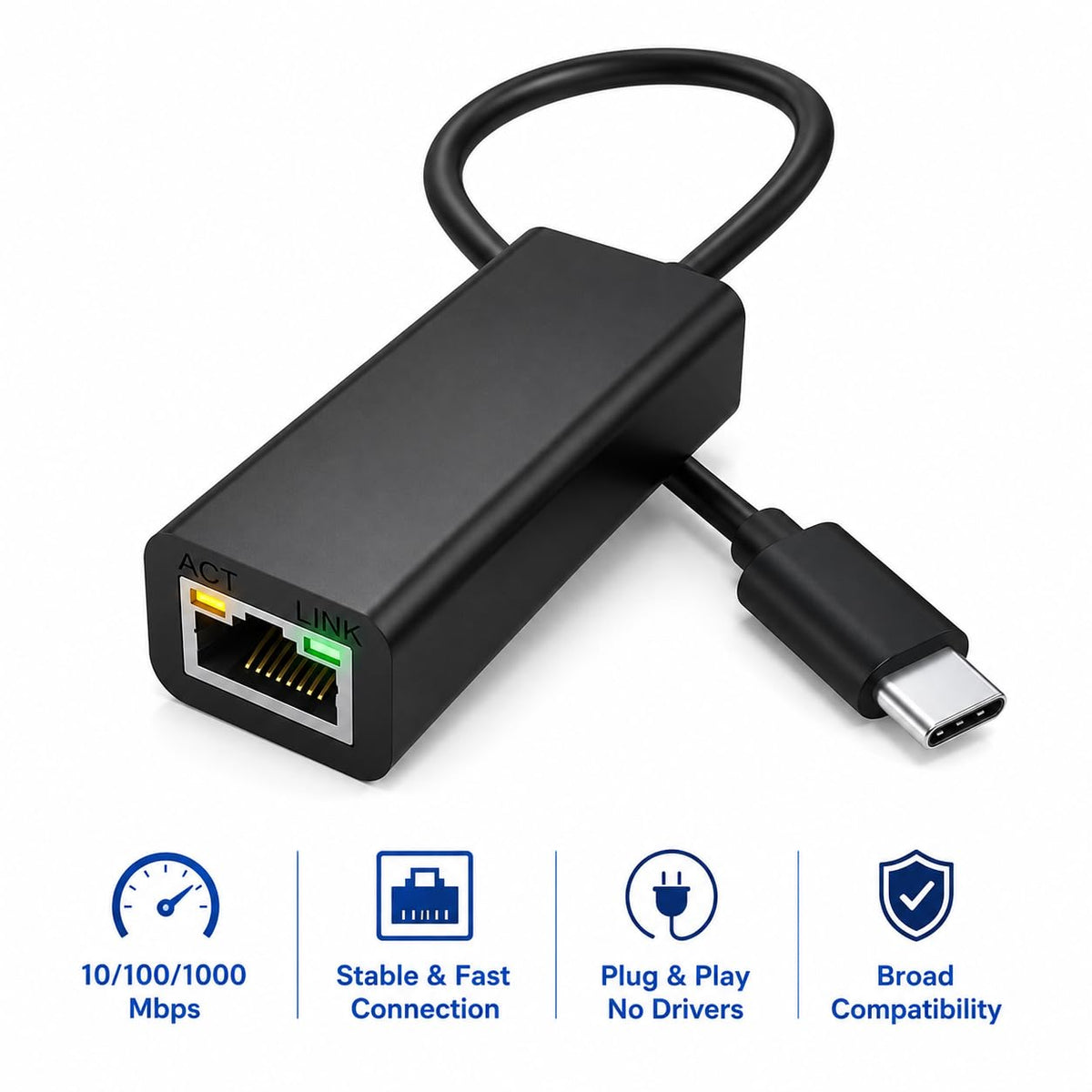 USB-C to Gigabit Ethernet Adapter – Type-C to RJ45 LAN Network Converter | 10/100/1000 Mbps | Plug & Play for MacBook, Laptop & PC