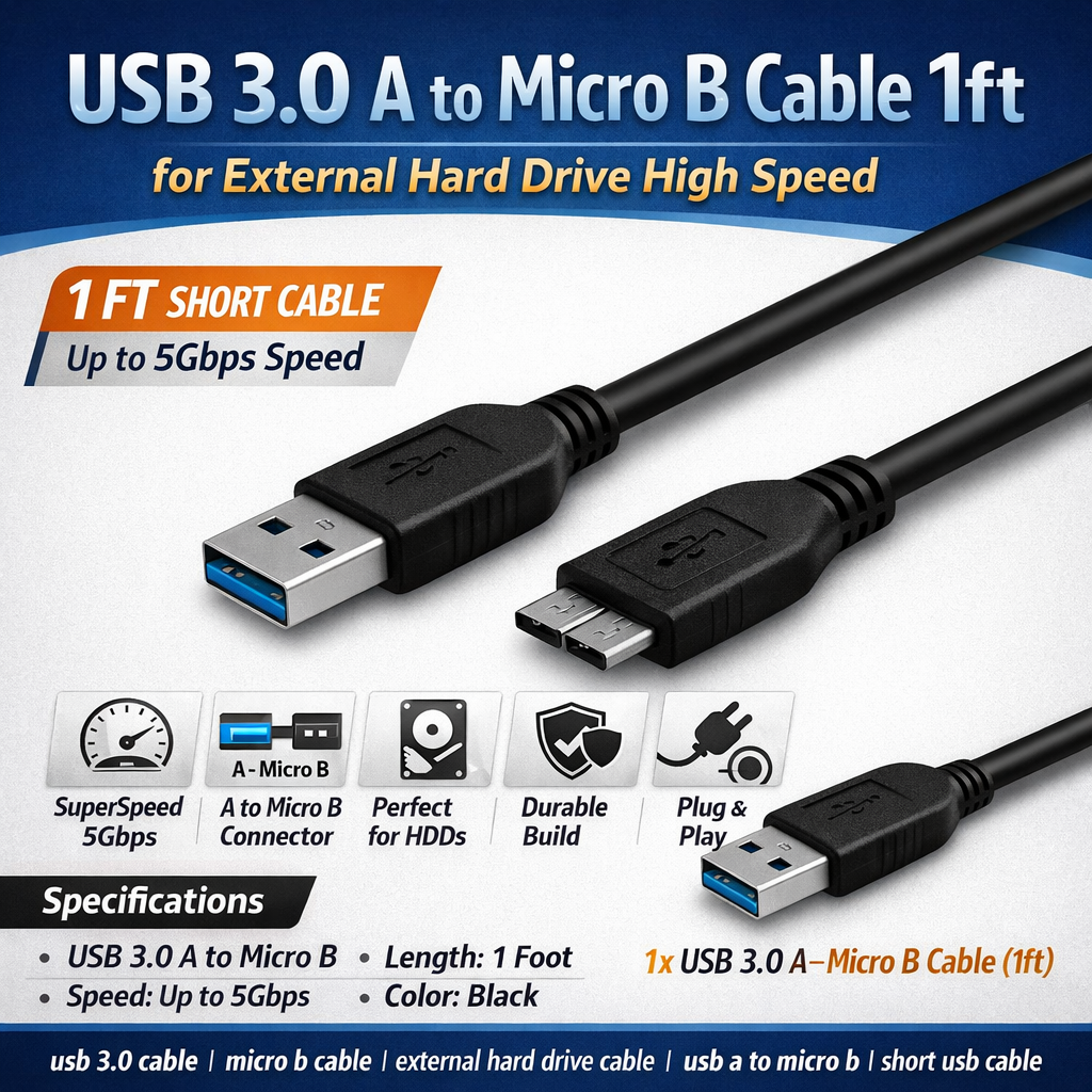 🔌 Micro B Cable – USB 3.0 A Male to Micro USB 3.0 (4.8Gbps)