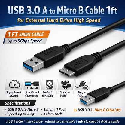 🔌 Micro B Cable – USB 3.0 A Male to Micro USB 3.0 (4.8Gbps)