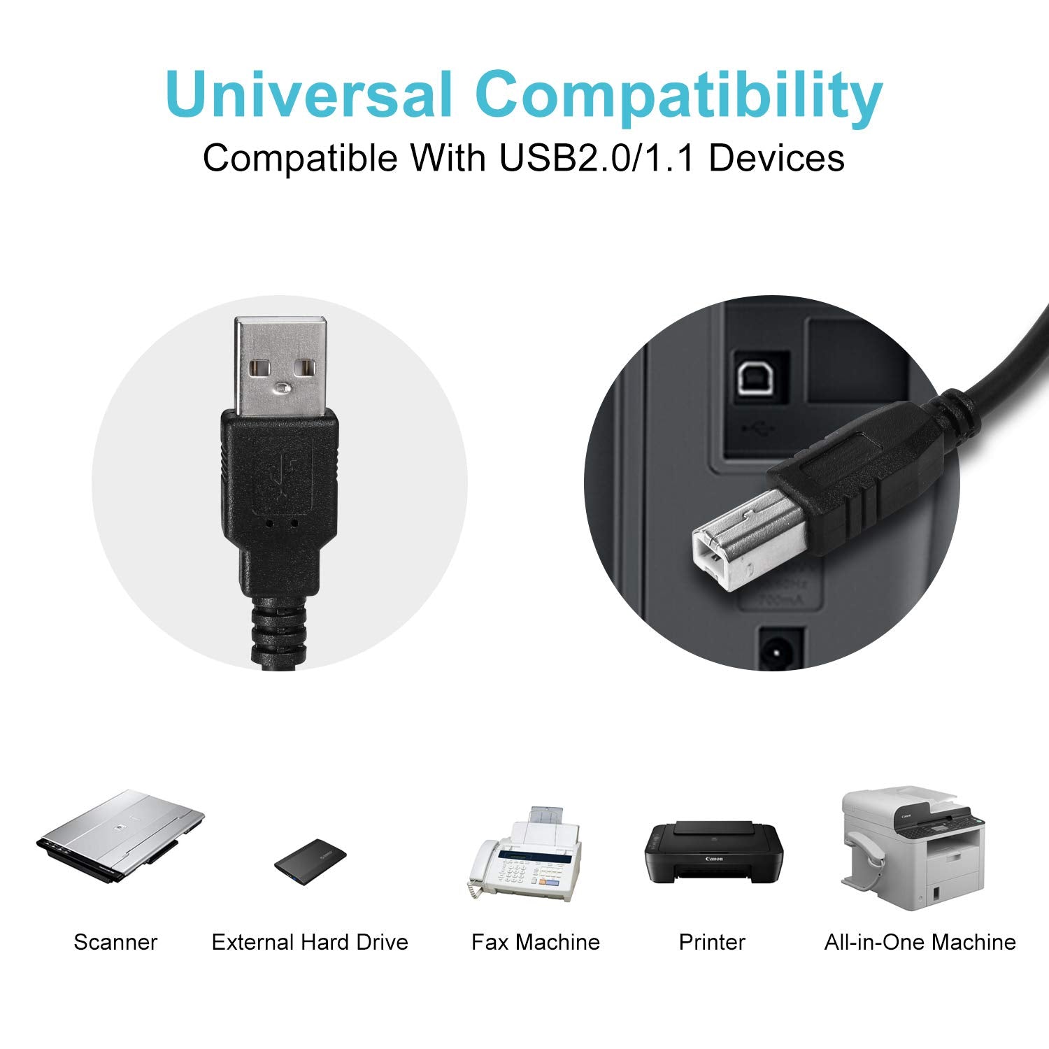 USB Printer Cable USB 2.0 A to B – High-Speed Data Transfer Lead for Printers & Scanners – Compatible with HP, Epson, Brother, Canon, Samsung & More – Black