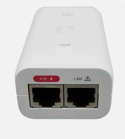 A white Ubiquiti UniFi networking device with two RJ45 ports, one labeled POE with a red indicator badge and the other LAN.