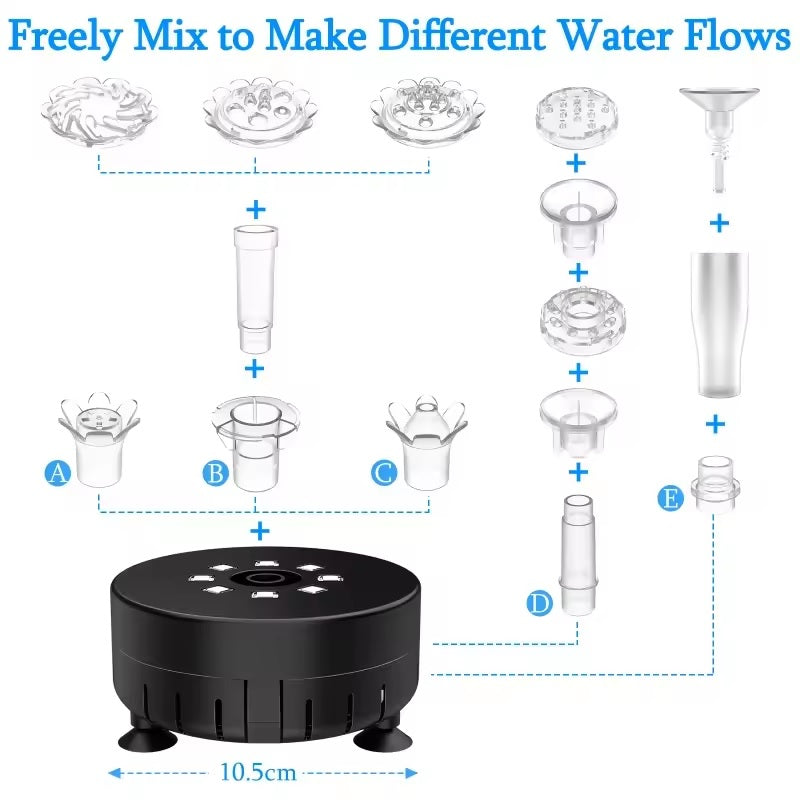 10W Solar Fountain Pump with LED Colorful Lights & 5000 mAh Battery, DIY Water Feature Kit for Outdoor with Pipe, Solar Powered Water Fountain Pump for Bird Bath, Garden, Ponds and Outdoor