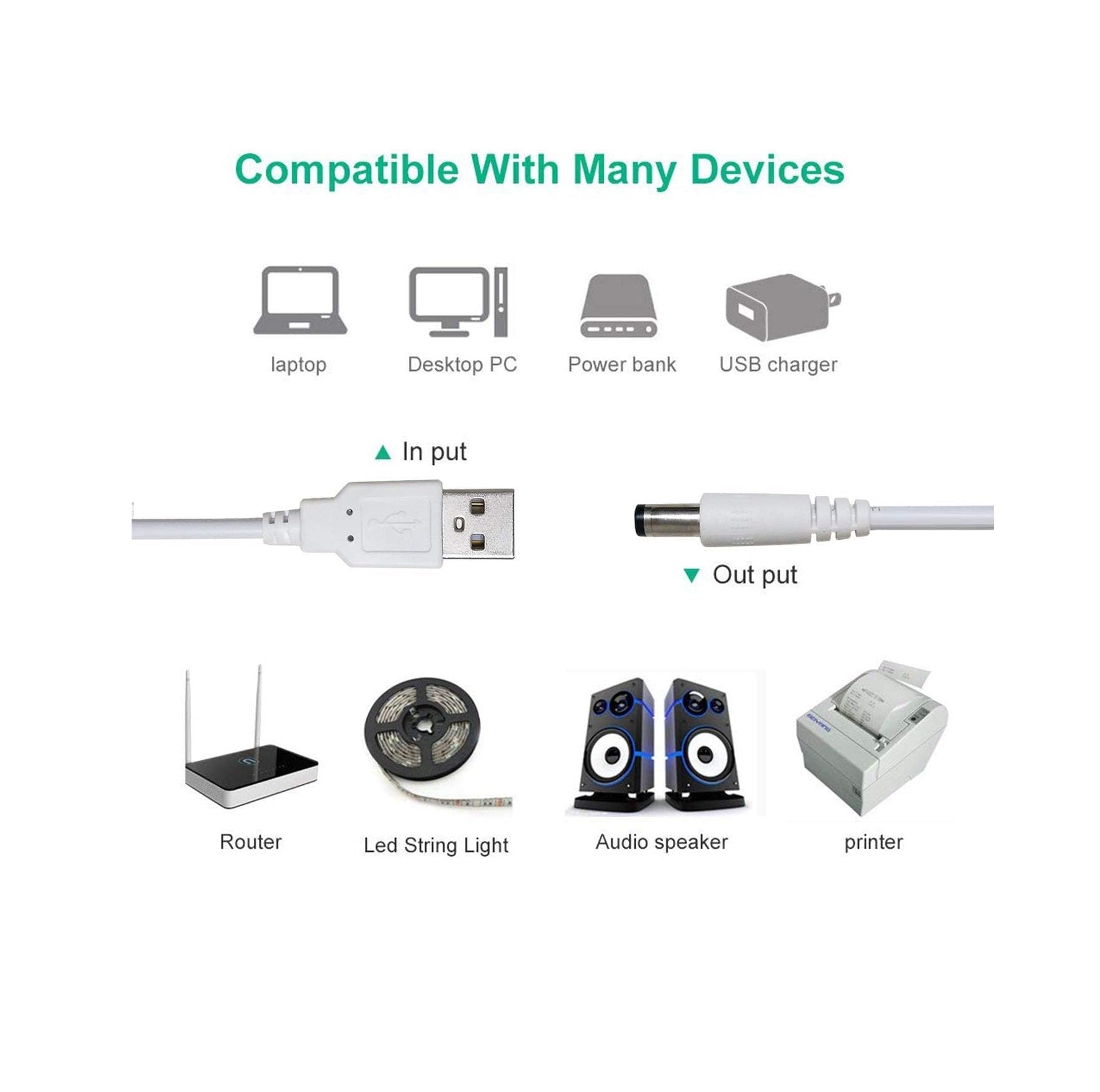 3.5 Meter USB to DC Male Power Cable 5V – USB to 5.5 x 2.1mm DC Plug Charging Converter Cable for Routers, Keyboards & Electronic Devices – White