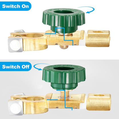 12V–24V Top Post Battery Cut Off Switch with Green Knob – Quick Disconnect Battery Isolator for Cars, Trucks, RVs & Boats