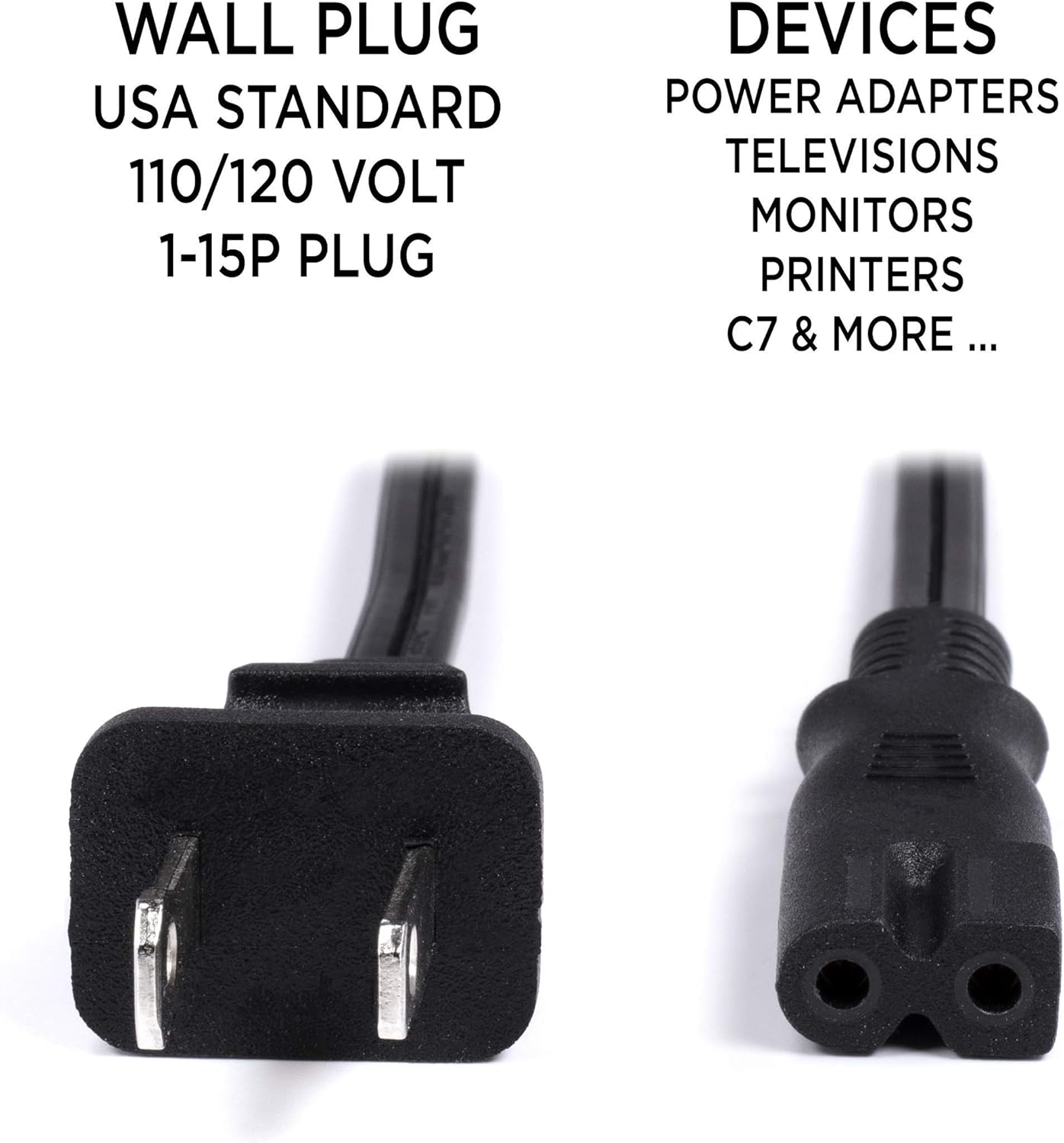 🔌 Polarized 2-Prong Power Cord – Copper Wire Core  NEMA 1-15P to C7 / C8 (IEC320) | Square / Round | UL Listed | Black