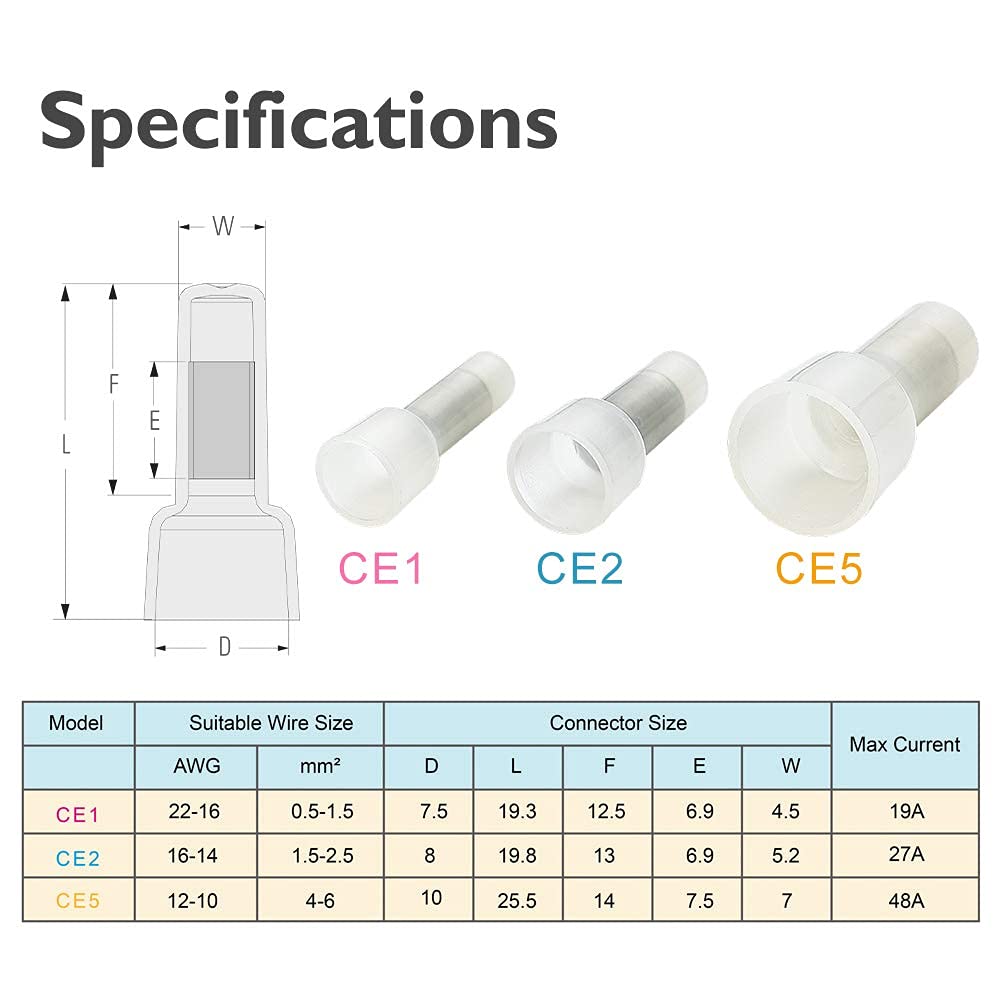 Closed End Crimp TerminalCE1 CE2 CE3 Nylon Wire Connector22-16/16-14/12-10 AWG – Aluminum Core UL Listed Wire Cap Connector