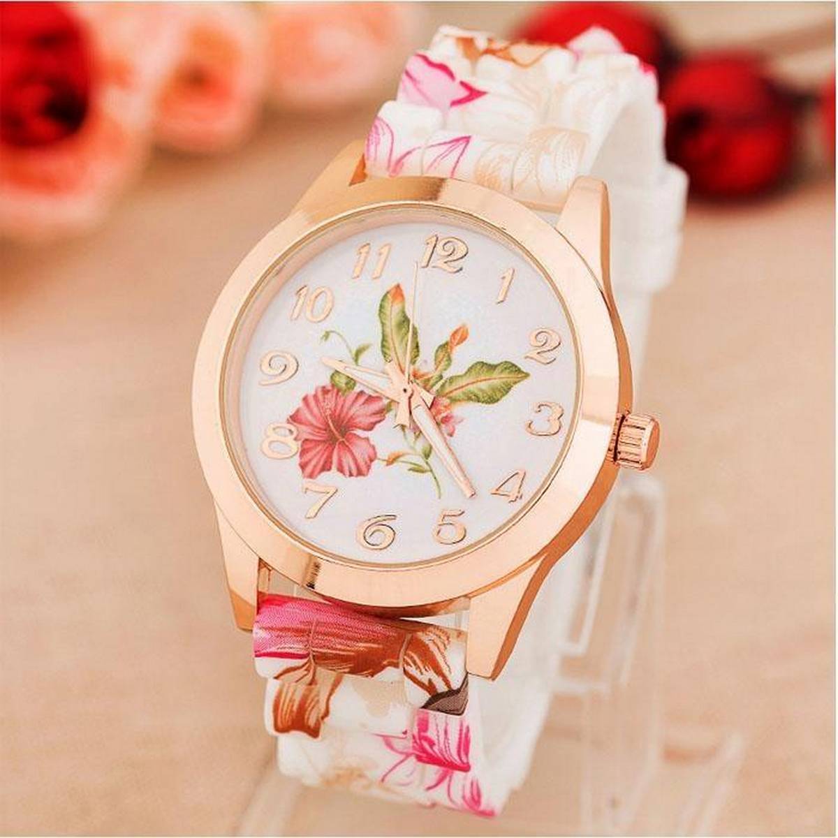 Girl's Silicone Printed Flower Causal Quartz WristWatch