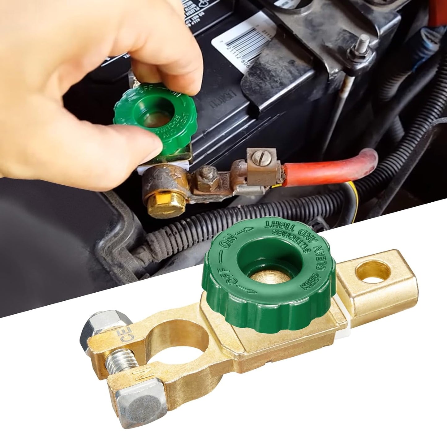 12V–24V Top Post Battery Cut Off Switch with Green Knob – Quick Disconnect Battery Isolator for Cars, Trucks, RVs & Boats