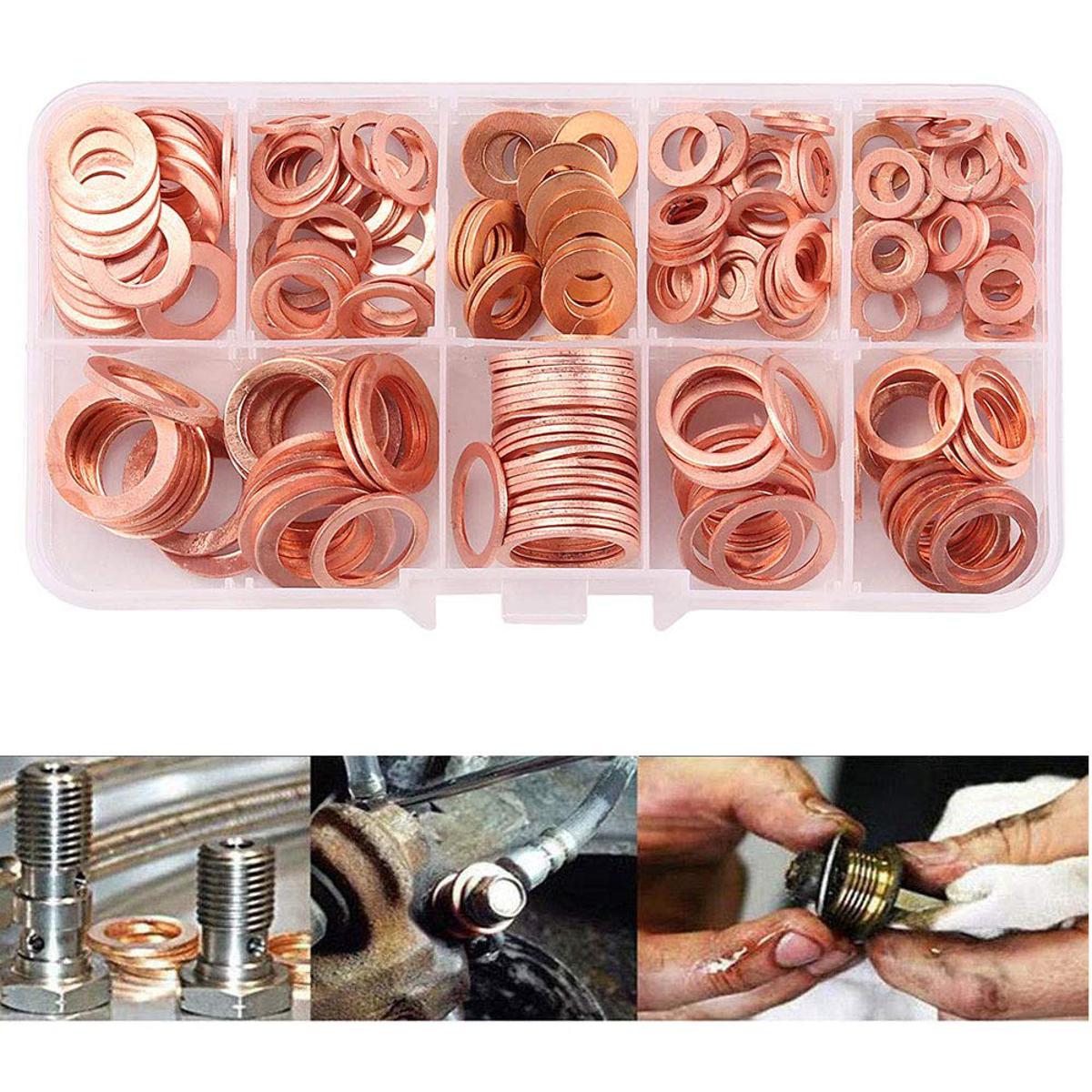200pcsSet Solid Copper Washers Gasket Set 9 Sizes Flat Ring Seal Kit