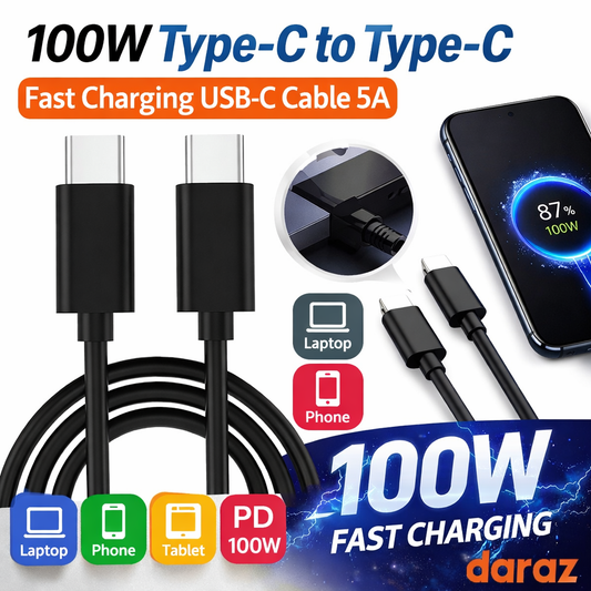 Daraz 100W Fast Charging USB-C Cable for Laptop, Phone, Tablet - High-Speed PD 100W Charging Cord