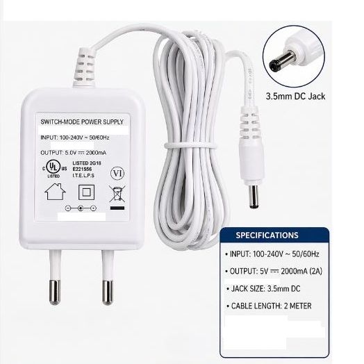5V 2000mA Switching Power Supply Adapter 100-240V AC to DC | 3.5mm DC Jack | 2 Meter Cable | High Efficiency Charger