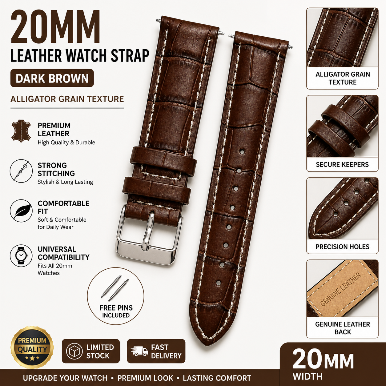 20mm Complete Leather Watch Strap Dark Brown Alligator Grain Textured | Premium Replacement Watch Band with Buckle & Pins