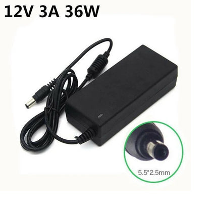 A 12V 3A 36W black power adapter with a coiled black cable and a circular inset showing a 5.5*2.