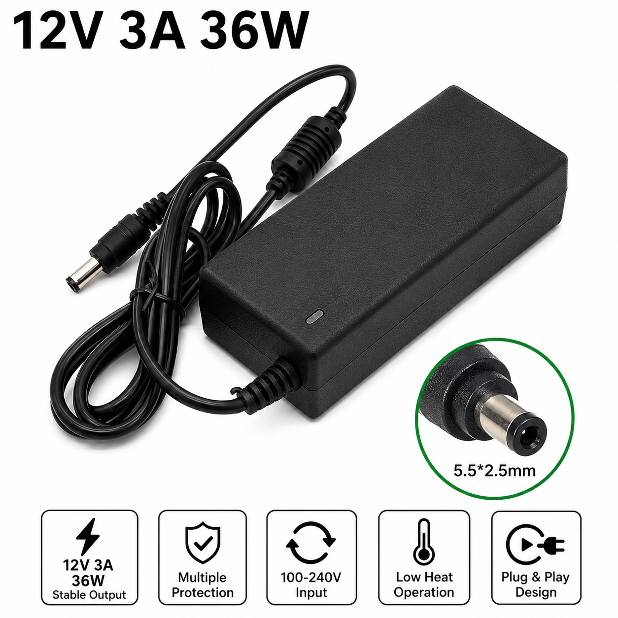 Black 12V 3A 36W power adapter with a coiled cable and barrel connector, shown on a white background with text and feature icons. A circular inset highlights the 5.