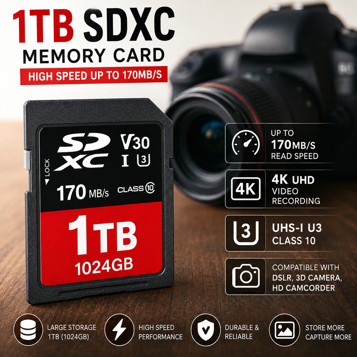 SDXC Memory Card 1TB (1024GB) | UHS-I U3 Class 10 | Up to 170MB/s | High-Speed SD Card for DSLR, 4K Camera &amp; HD Camcorder