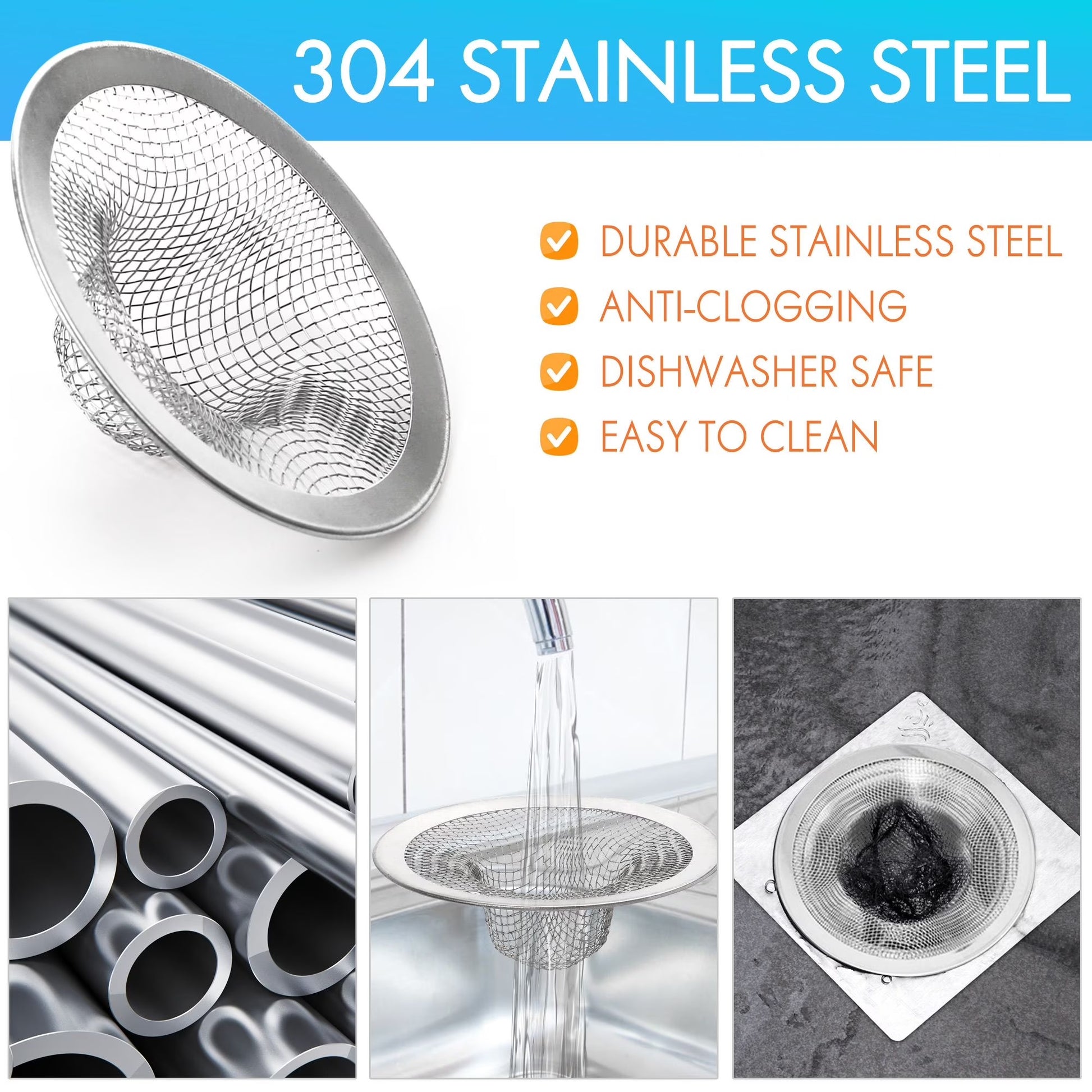 304 stainless steel drain strainer with features listed and usage examples.