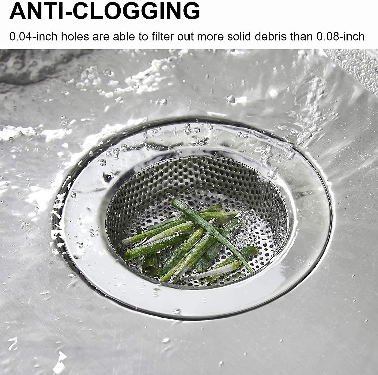 Drain with green vegetable debris and text about anti-clogging feature.