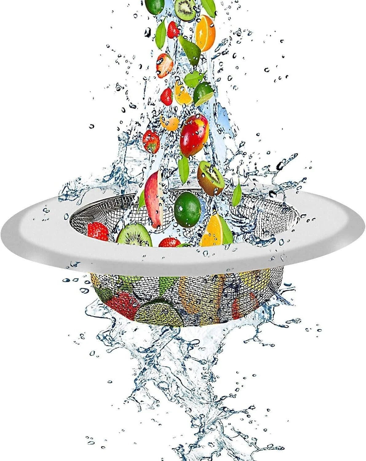 Fruit being washed in a sink with water splashes