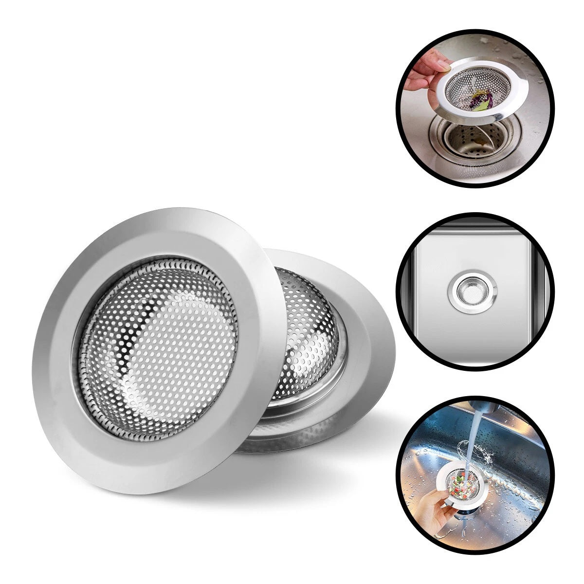 Stainless steel sink strainer with close-up insets showing its use.