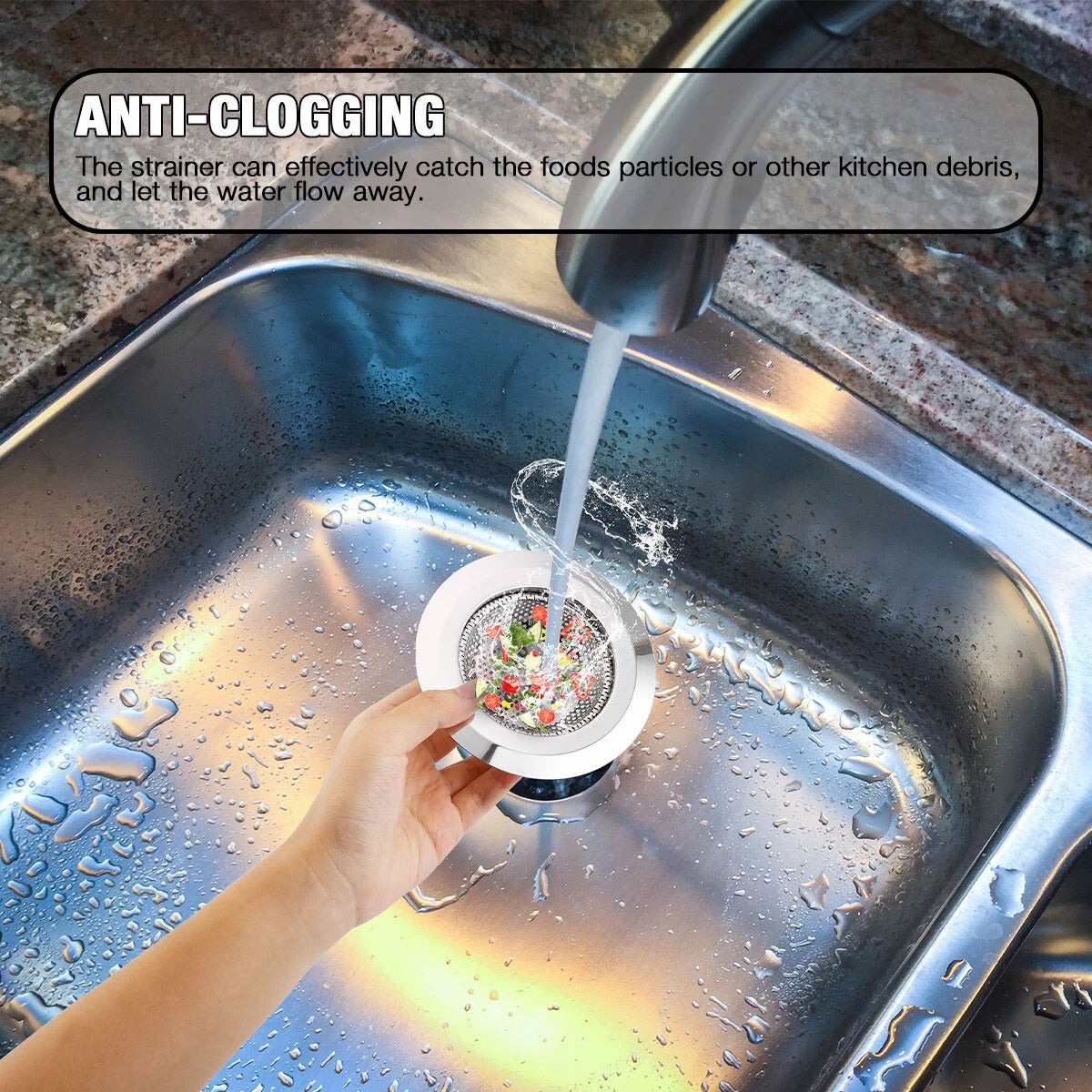 Person using an anti-clogging kitchen drain strainer with water flowing into a sink.