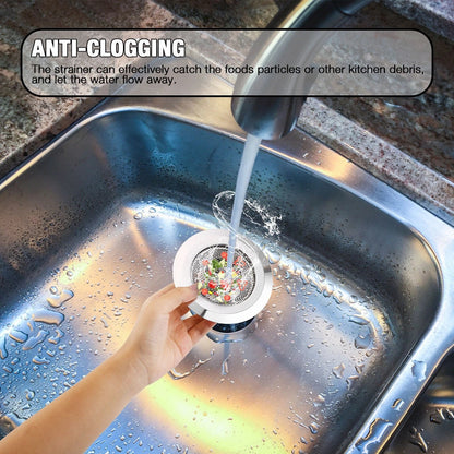 Person using an anti-clogging kitchen drain strainer with water flowing into a sink.