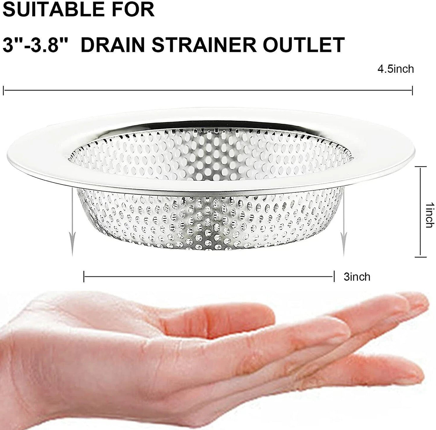 Stainless steel drain strainer with dimensions shown against a hand for scale.