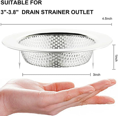 Stainless steel drain strainer with dimensions shown against a hand for scale.