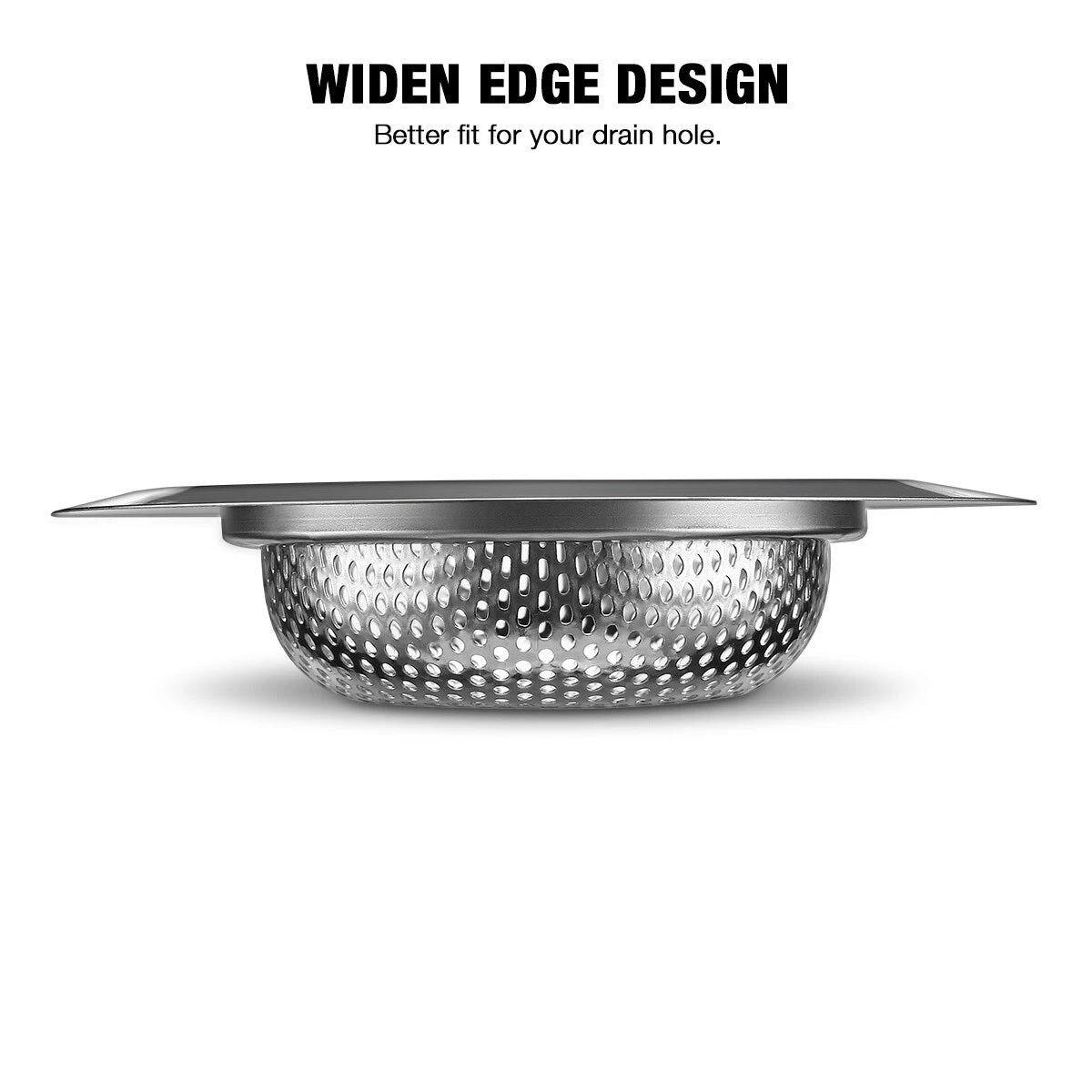 Metal drain cover with widened edge design on a white background