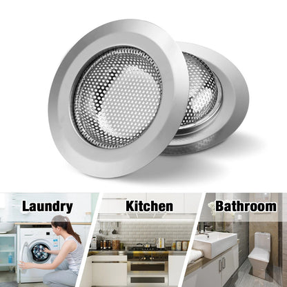 Metal drain cover with usage scenarios labeled for laundry, kitchen, and bathroom.