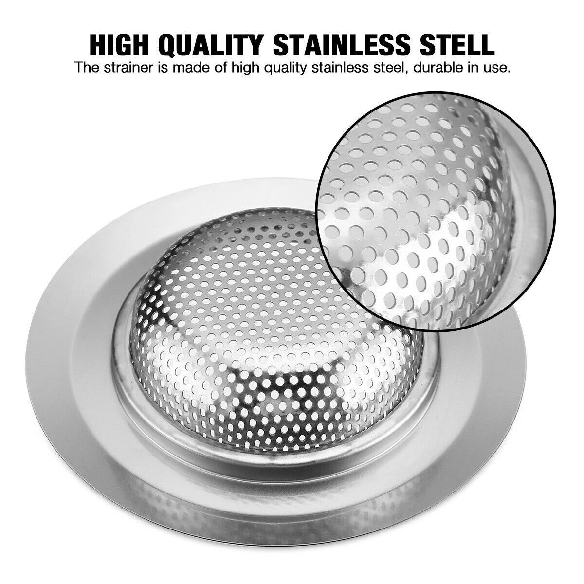 Stainless steel strainer with detailed view of perforated design on a white background